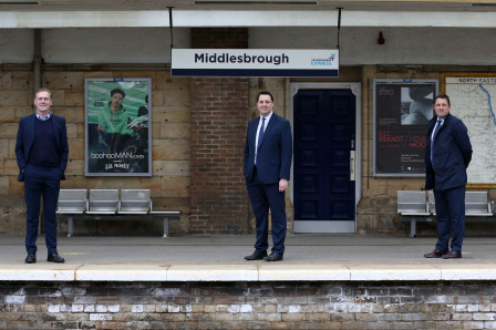 Mayor Preston, Mayor Houchen and Network Rail's Matt Rice at Middlesbrough station