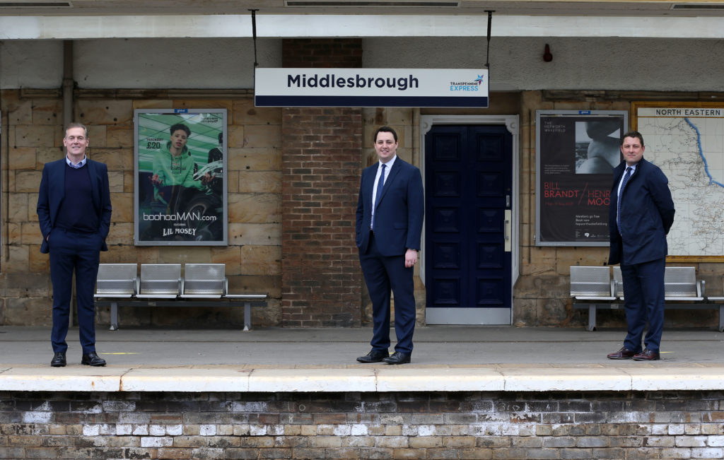 Mayor Preston, Mayor Houchen and Network Rail's Matt Rice at Middlesbrough station